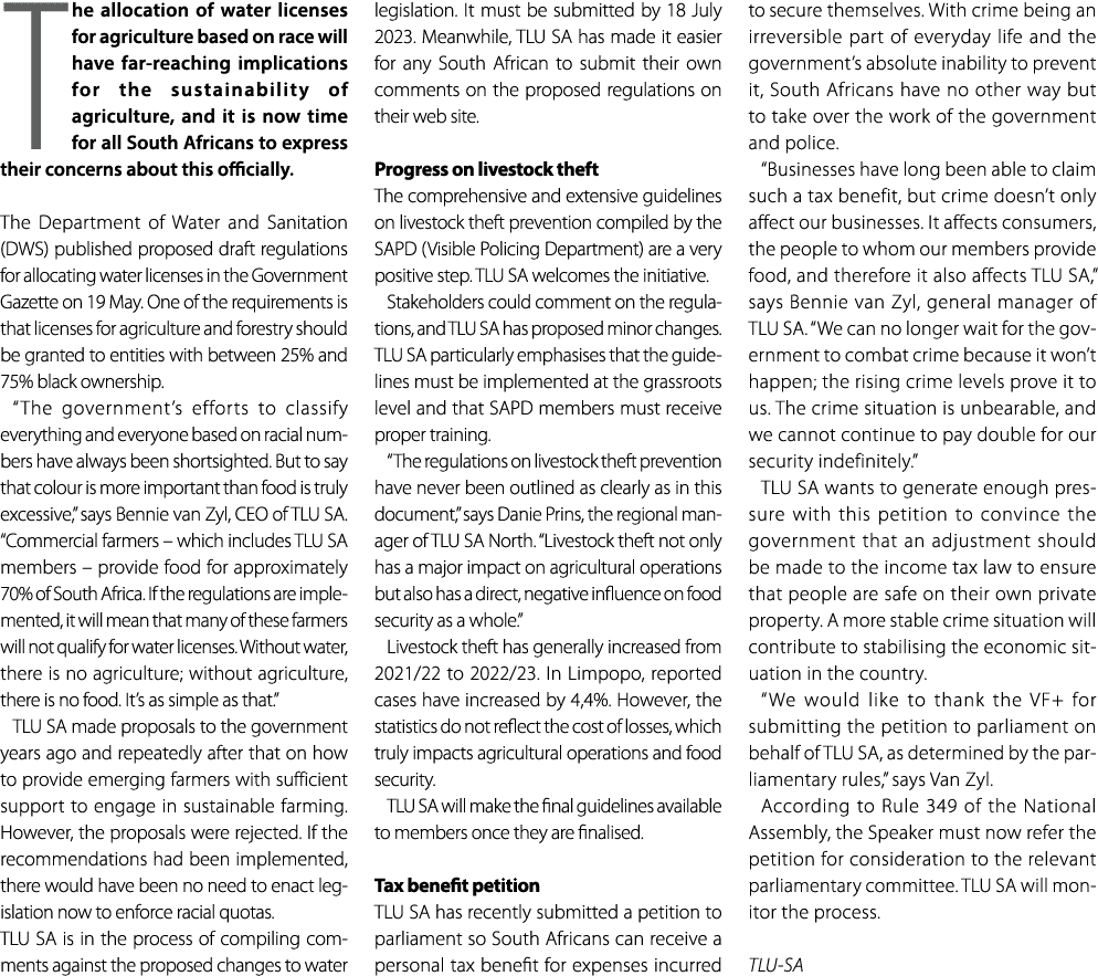 The allocation of water licenses for agriculture based on race will have far reaching implications for the sustainabi...