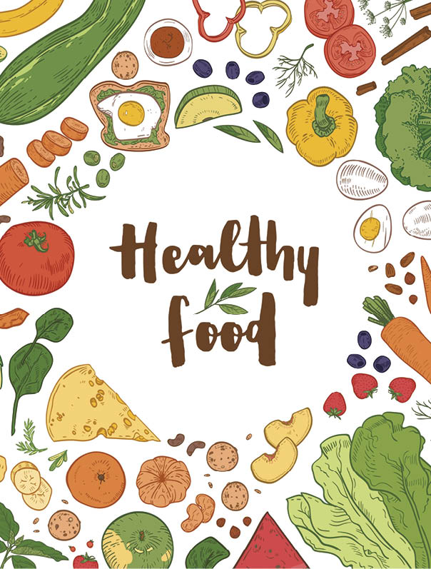 Square background with frame consisted of various healthy food on white background. Delicious eco wholesome vegetables, fruits, healthy products and meals. Vector illustration in realistic style