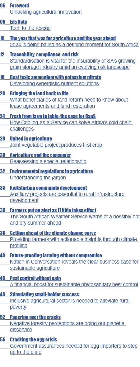 06 Foreword Unlocking agricultural innovation 08 Eds Note Tech to the rescue 10 The year that was for agriculture and...