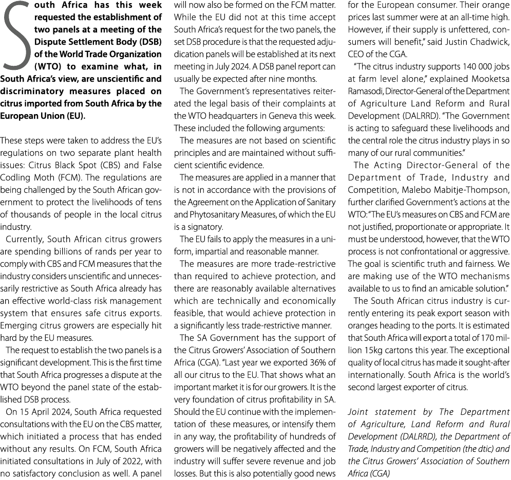 South Africa has this week requested the establishment of two panels at a meeting of the Dispute Settlement Body (DSB...