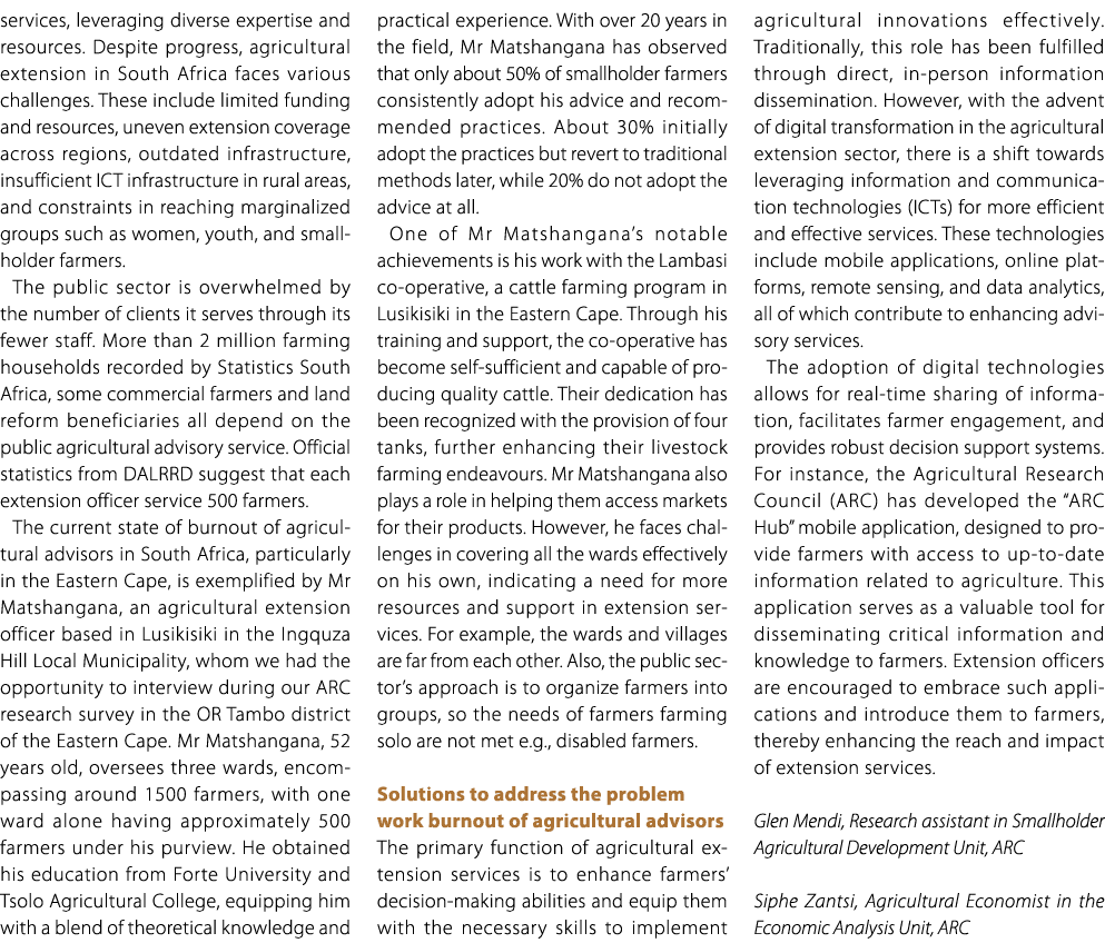 services, leveraging diverse expertise and resources. Despite progress, agricultural extension in South Africa faces ...