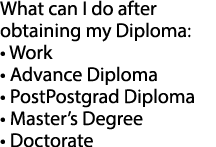 What can I do after obtaining my Diploma: • Work • Advance Diploma • PostPostgrad Diploma • Master’s Degree • Doctorate