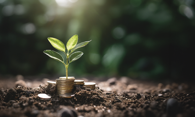 a green plant growing out of a pile of coins with trees behind it, in the style of detailed world-building, nul group, shaped canvas, earthworks, high quality photo