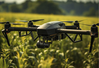 A drone flying in the field in a corn field.
