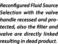 Reconfigured Fluid Source Selection with the valve handle recessed and protected, also the filter and valve are direc...