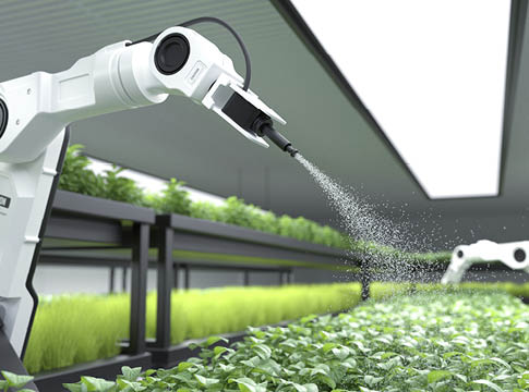 Smart robotic farmer spraying fertilizer on vegetable green plants, Agriculture technology, Farm automation. 3D illustration 