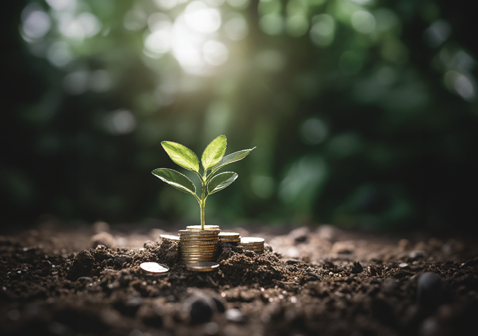 a green plant growing out of a pile of coins with trees behind it, in the style of detailed world-building, nul group, shaped canvas, earthworks, high quality photo