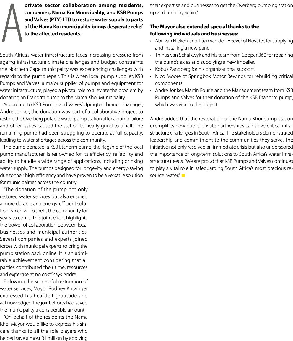 A private sector collaboration among residents, companies, Nama Koi Municipality, and KSB Pumps and Valves (PTY) LTD ...