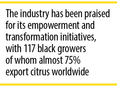 The industry has been praised for its empowerment and transformation initiatives, with 117 black growers of whom almo...