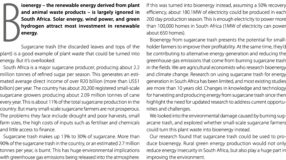 Bioenergy – the renewable energy derived from plant and animal waste products – is largely ignored in South Africa. S...