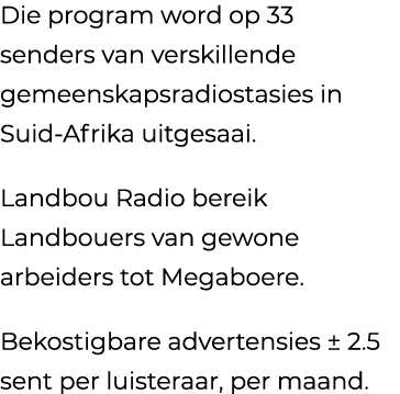 Die program word op 33 senders van verskillende gemeenskapsradiostasies in Suid Afrika uitgesaai. Landbou Radio berei...