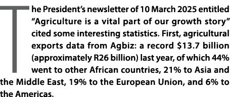 The President’s newsletter of 10 March 2025 entitled “Agriculture is a vital part of our growth story” cited some int...