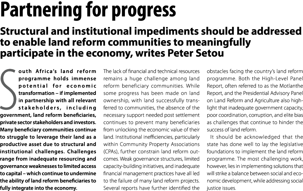 Partnering for progress Structural and institutional impediments should be addressed to enable land reform communitie...