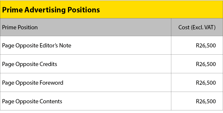 Prime Advertising Positions,Prime Position,Cost (Excl. VAT),Page Opposite Editor’s Note,R26,500,Page Opposite Credits...